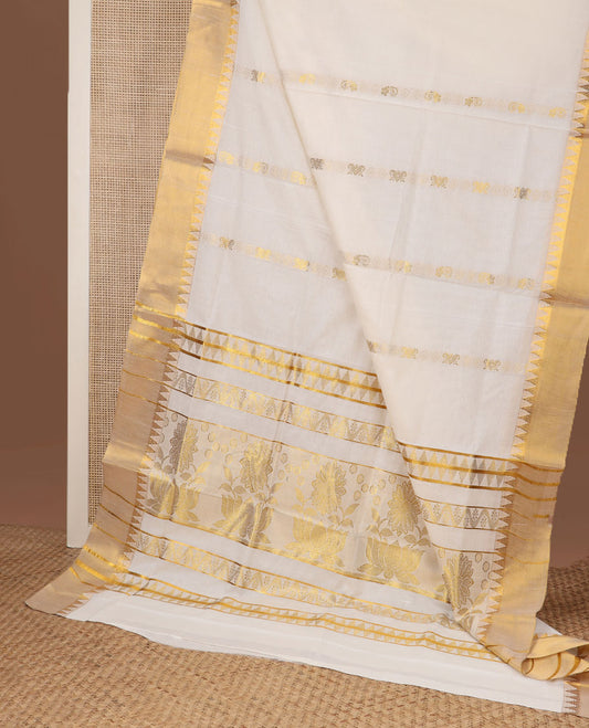 Cream zari design Kerala saree, zari temple border, and pallu of temple and floral designs