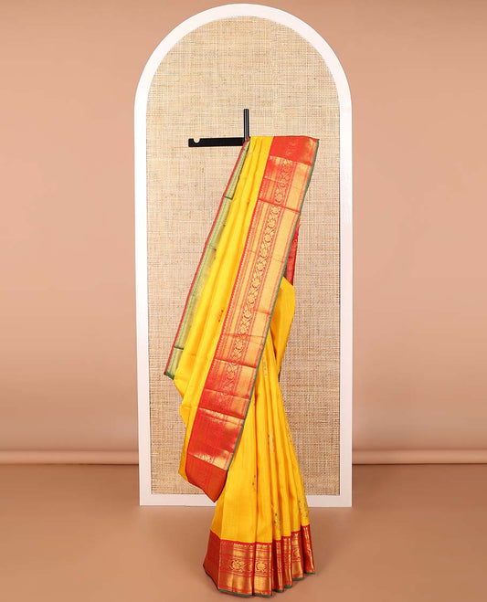 Yellow floral buttas kancheepuram silk saree with contrast ganga jamuna, korvai border of banaras, kathir, kodi visiry design & jaal pallu