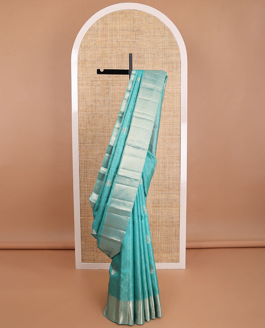 Sea blue leaf design kancheepuram silk saree with self floral design border & geometric design pallu