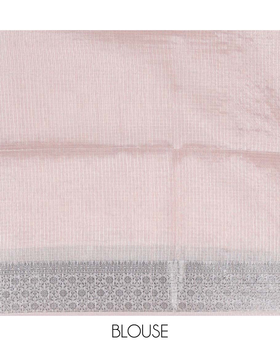 Pastel pink floral-geometric fancy kota saree, floral vine design border & striped pallu