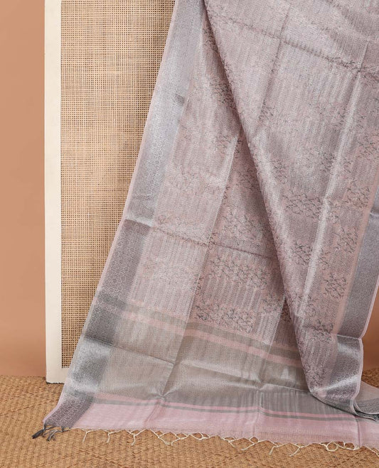 Pastel pink floral-geometric fancy kota saree, floral vine design border & striped pallu
