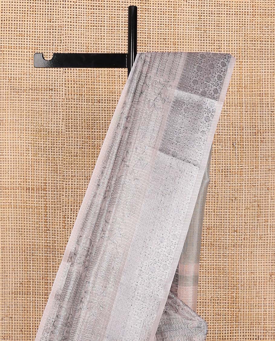 Pastel pink floral-geometric fancy kota saree, floral vine design border & striped pallu