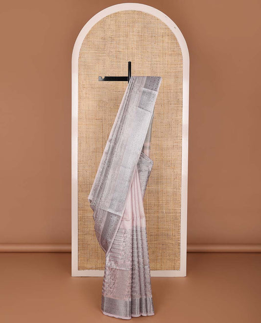 Pastel pink floral-geometric fancy kota saree, floral vine design border & striped pallu