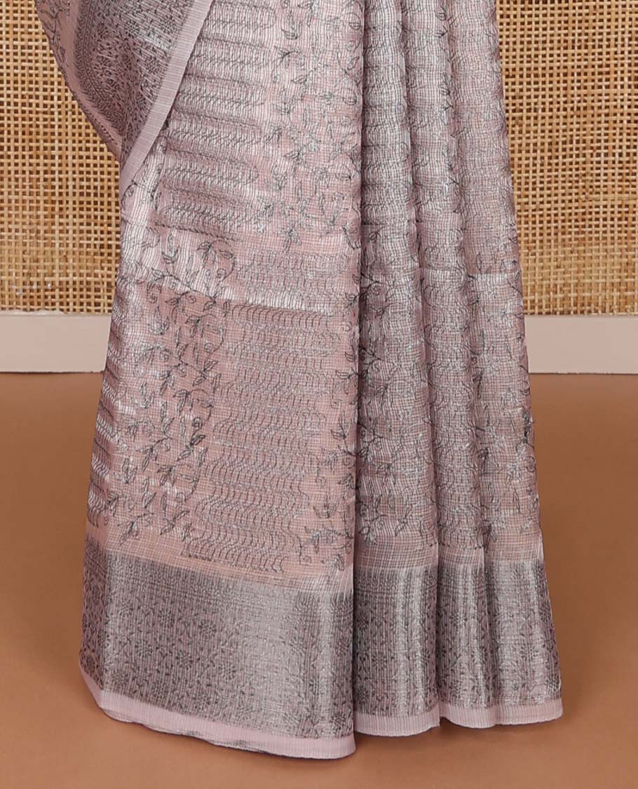 Pastel pink floral-geometric fancy kota saree, floral vine design border & striped pallu