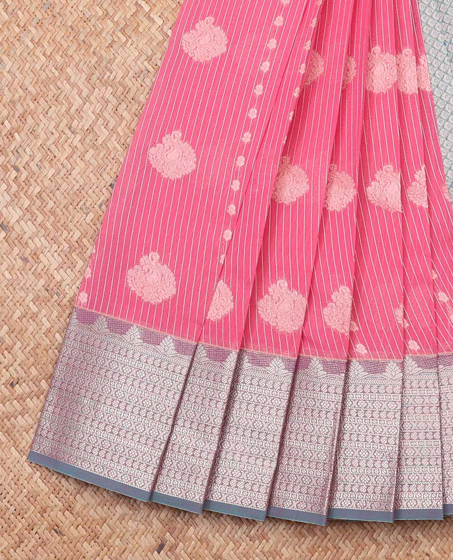Red checked, leaf design kora cotton saree with contrast zari design border & jaal design pallu