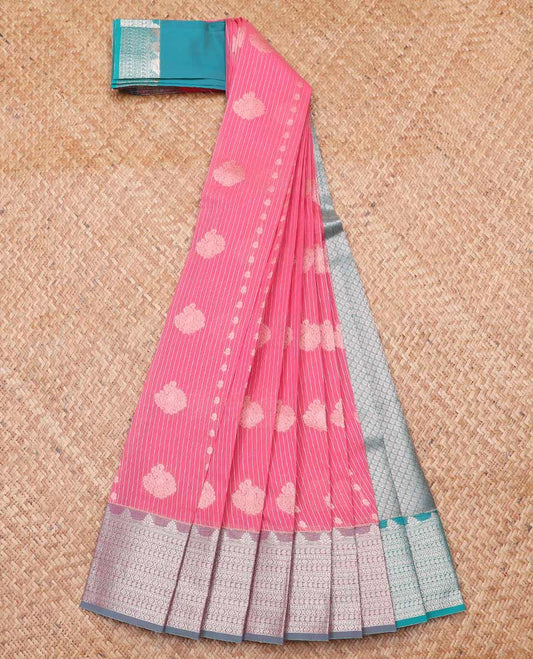 Red checked, leaf design kora cotton saree with contrast zari design border & jaal design pallu