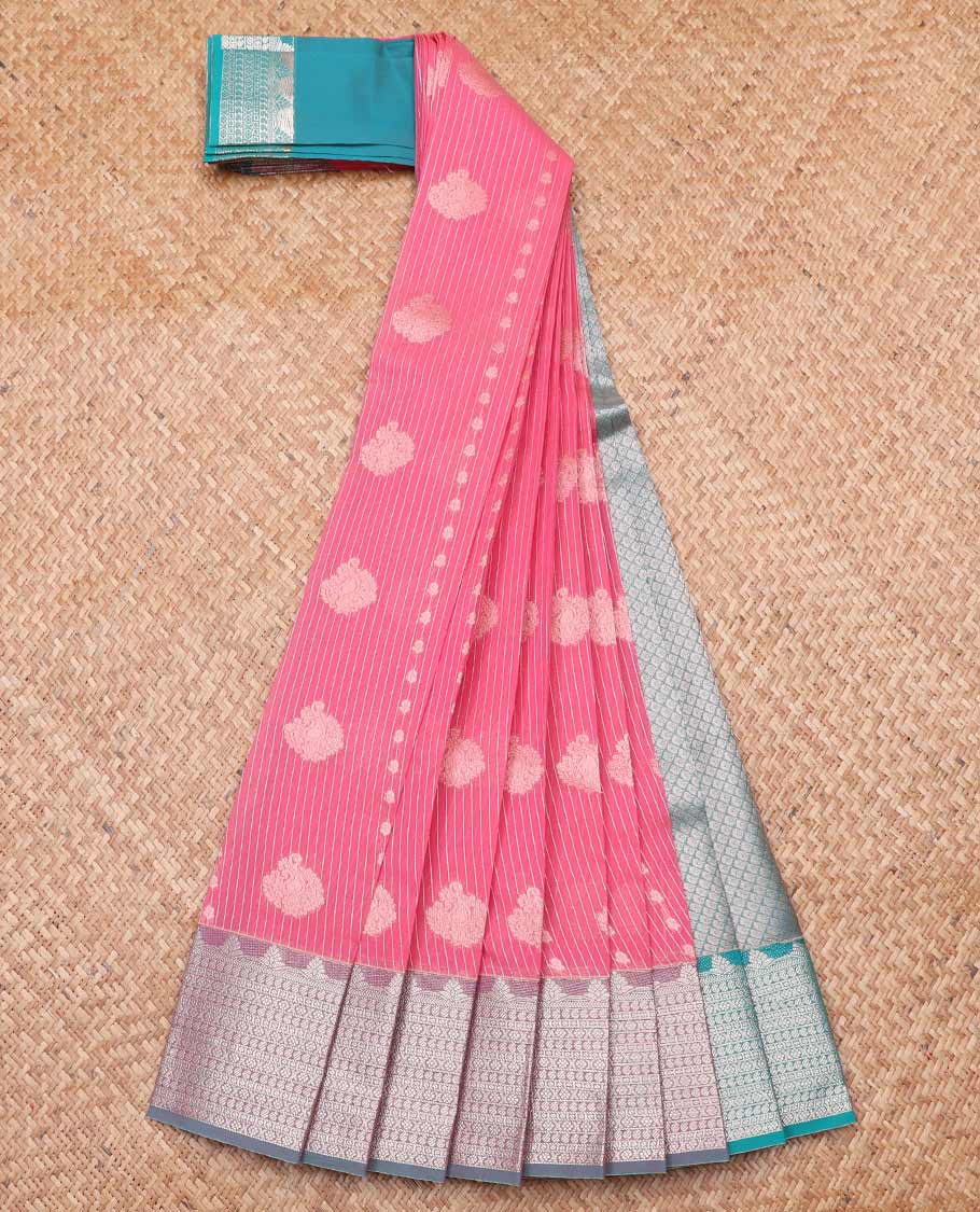 Red checked, leaf design kora cotton saree with contrast zari design border & jaal design pallu