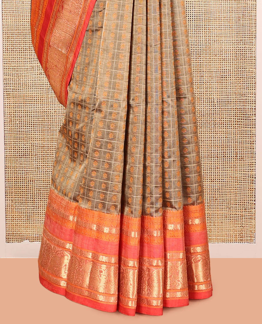 Brown Kuppadam Silk Saree, Finely Crafted with Butta Enclosed Checks, a Contrast Traditional Peacock-Elephant Border, Pallu of Peacock Designs, and a Matching Blouse
