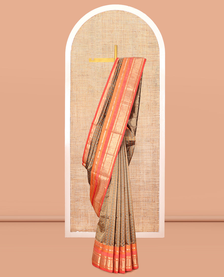 Brown Kuppadam Silk Saree, Finely Crafted with Butta Enclosed Checks, a Contrast Traditional Peacock-Elephant Border, Pallu of Peacock Designs, and a Matching Blouse