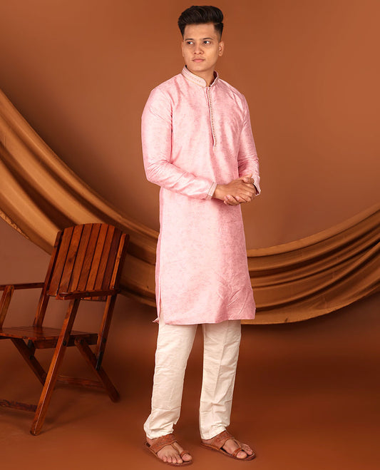 Pink Floral Motifs Sparsely Print with Neck Embroidery Full-Sleeved Men's Kurta, Comes with Pants