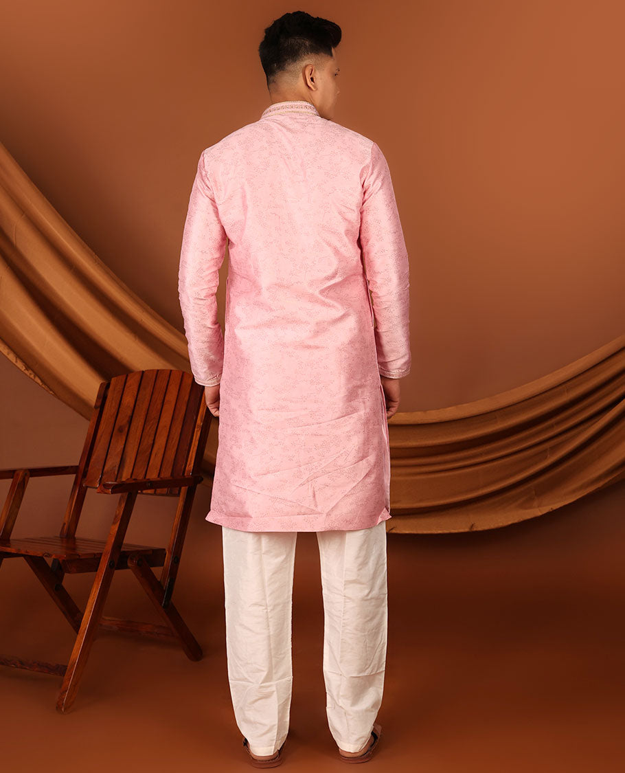 Pink Floral Motifs Sparsely Print with Neck Embroidery Full-Sleeved Men's Kurta, Comes with Pants
