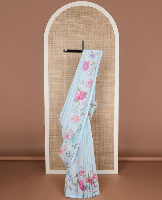 Ligh blue floral design linen saree with self plain border