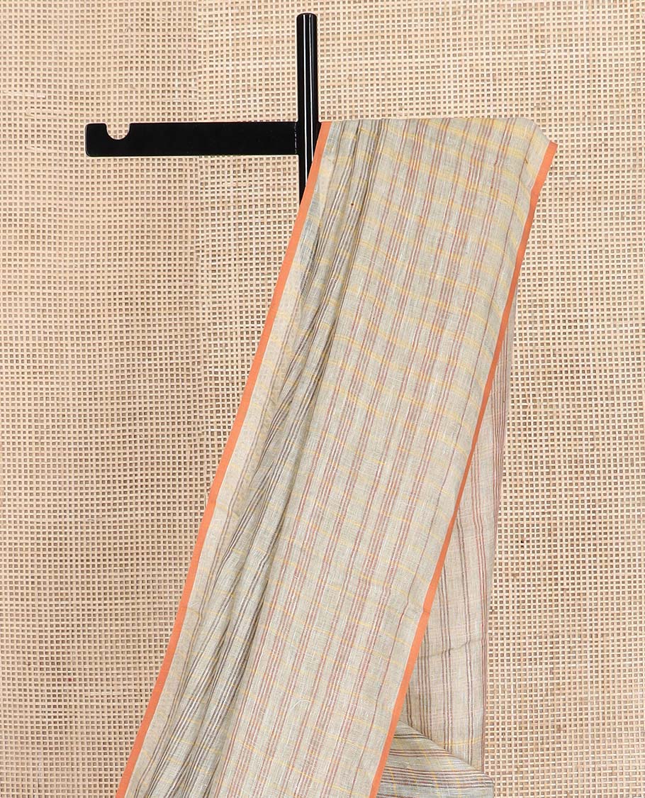 Borderless grey striped linen cotton saree, striped pallu