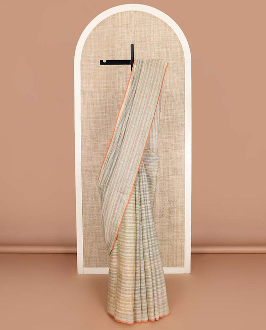 Borderless grey striped linen cotton saree, striped pallu