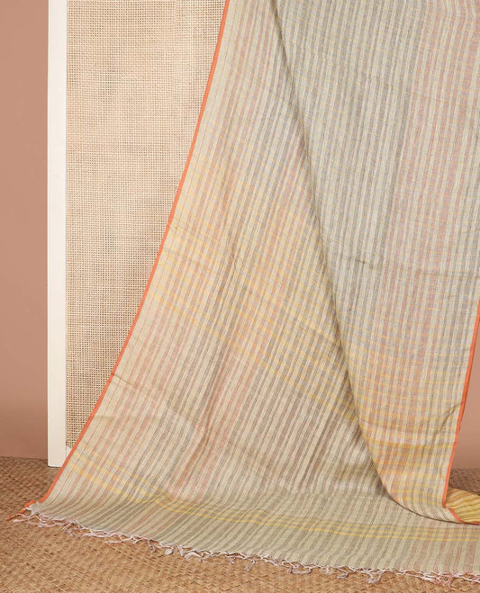 Borderless grey striped linen cotton saree, striped pallu