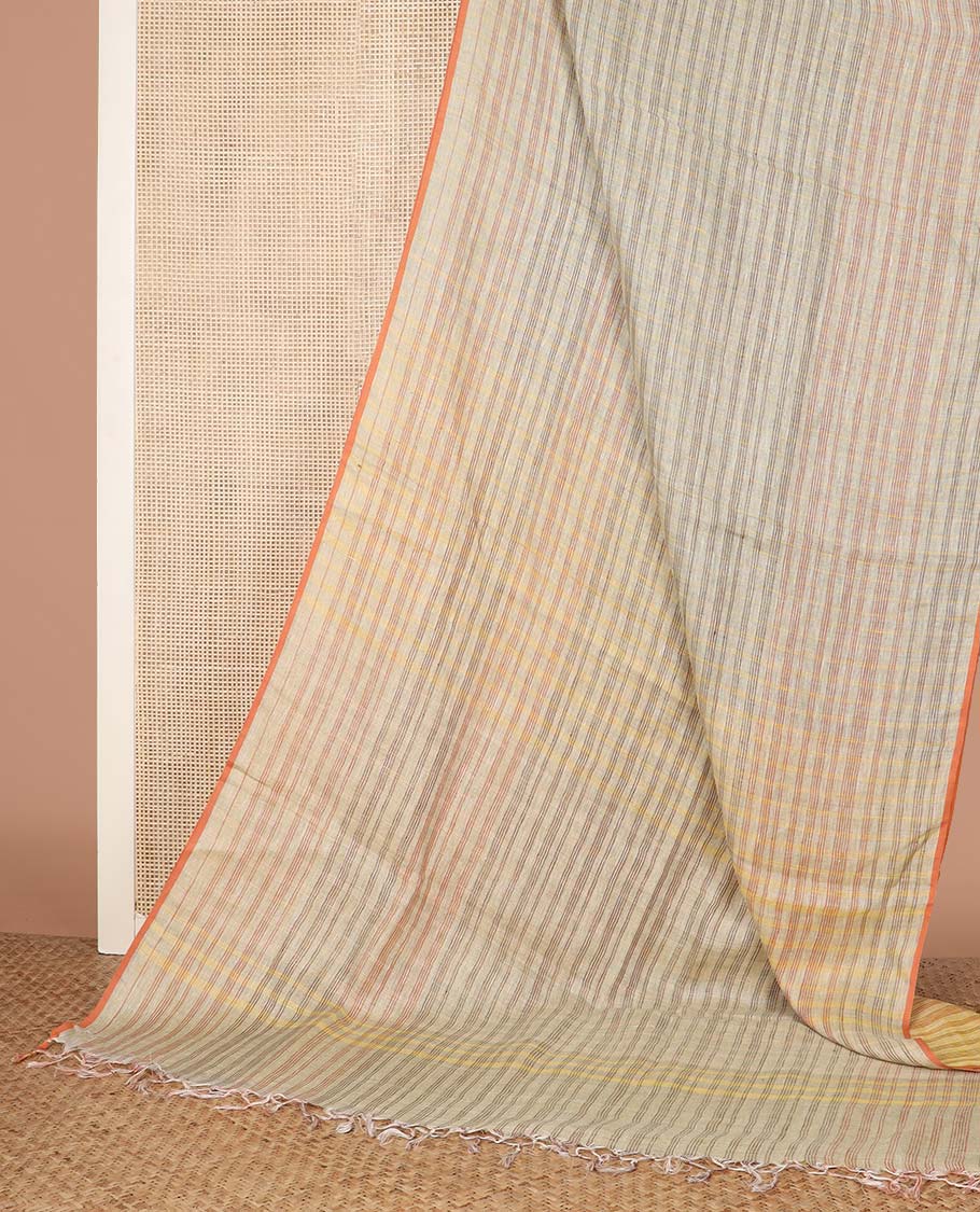 Borderless grey striped linen cotton saree, striped pallu