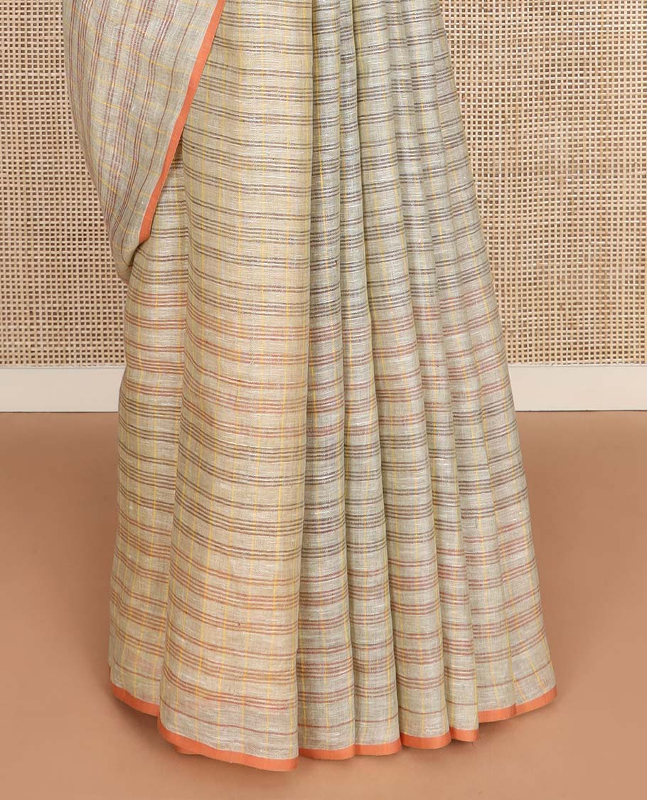 Borderless grey striped linen cotton saree, striped pallu