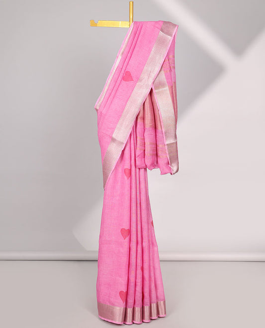 Pink heart motifs linen saree  with self zari border & striped zari pallu