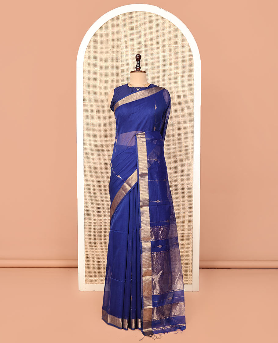 Blue Maheshwari Cotton Saree, Enthralled with Zari Stripes All Over Its Body, Highlighted by a Zari Border of Jaal Motifs, Pallu Steeped with Gleaming Zari Designs, and Paired with a Matching  Blouse