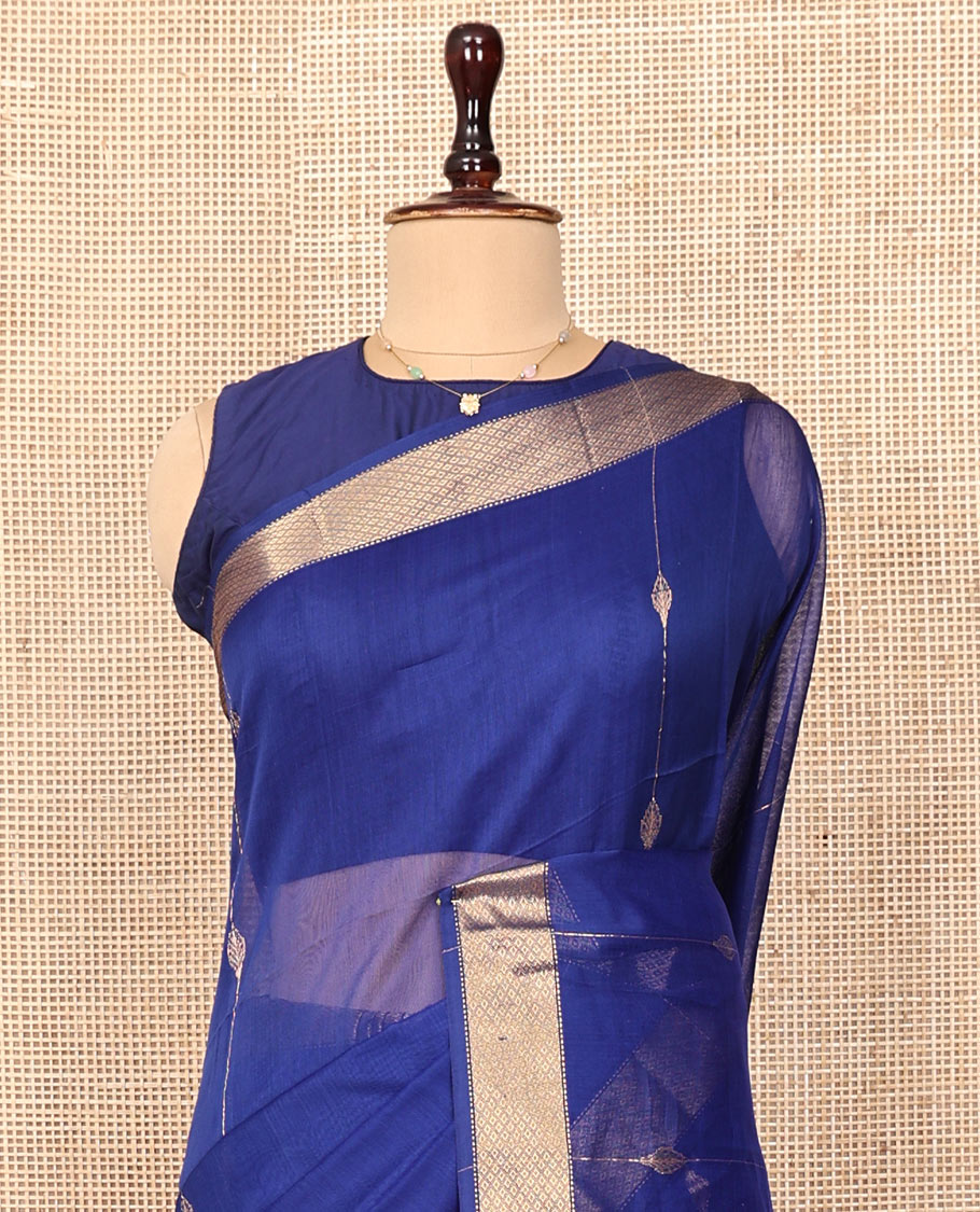 Blue Maheshwari Cotton Saree, Enthralled with Zari Stripes All Over Its Body, Highlighted by a Zari Border of Jaal Motifs, Pallu Steeped with Gleaming Zari Designs, and Paired with a Matching  Blouse
