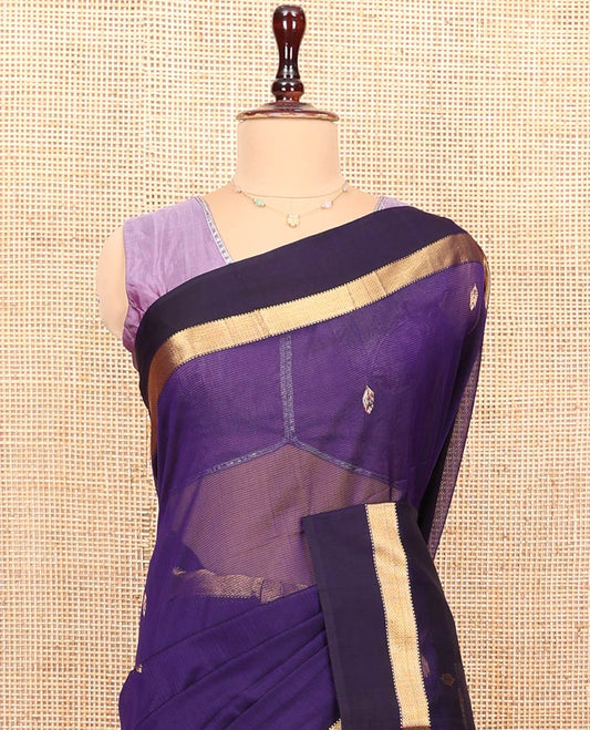 Violet Maheshwari Cotton Saree, Elevated with Zari Buttas All Over Its Body, Complemented by Contrast Border of Traditional Temple Designs, Pallu Steeped with Zari Buttas, and Paired with a Matching Blouse