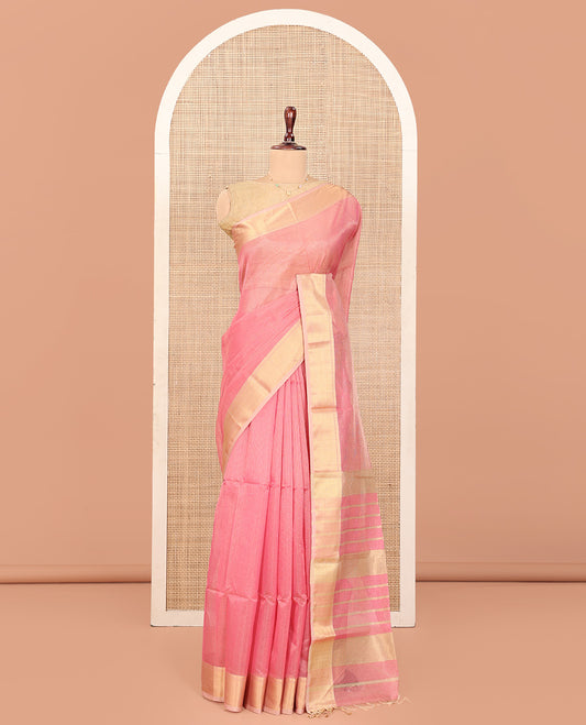 Pink Maheshwari Cotton Saree, Subtly Sparkled with Stripes, Highlighted by Zari Bavanji Border, Pallu of Zari Stripes, and Paired with a Contrast Blouse