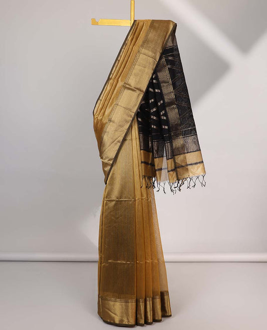 Mustard maheshwari cotton saree with contrast zari border & zig-zag striped zari pallu