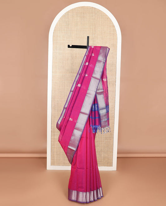 Red floral motifs maheshwari cotton saree with self zari design border & floral, striped design pallu