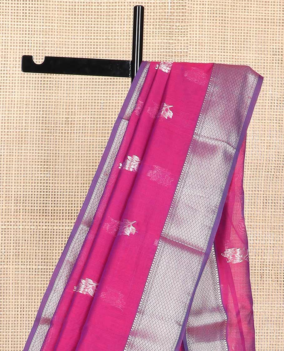 Red floral motifs maheshwari cotton saree with self zari design border & floral, striped design pallu
