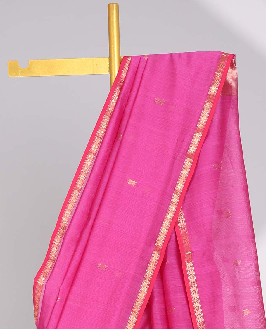 Pink floral motifs maheswari cotton saree with contrast zari border & floral motifs pallu