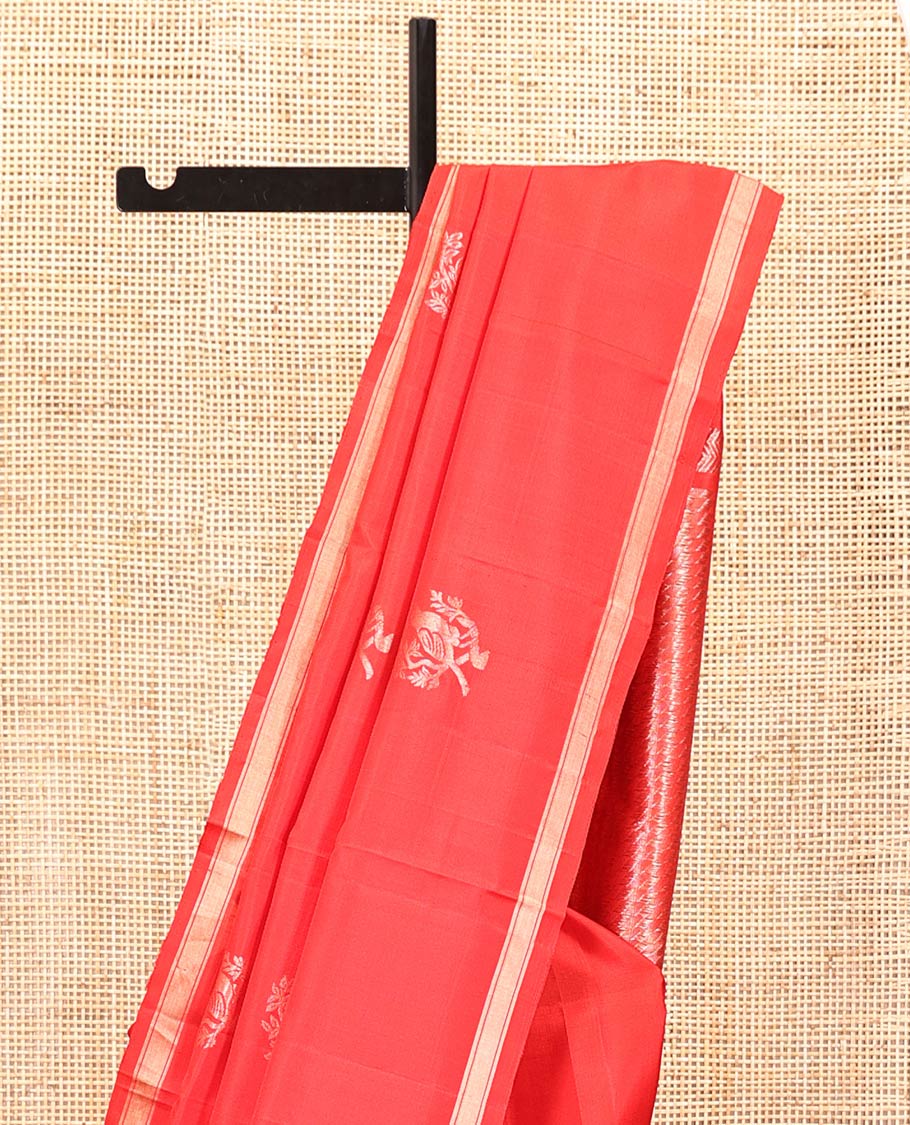Red Mayuri Soft Silk Saree, Gleamed Up with Zari Buttas All Over Its Body, Subtle Zari Piping Border, Pallu of Geometric Designs, and Paired with a Matching Blouse