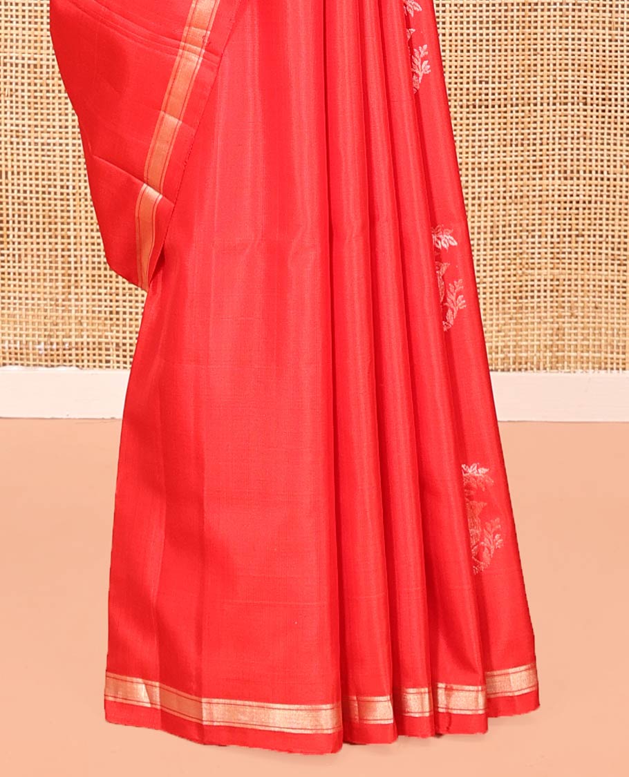 Red Mayuri Soft Silk Saree, Gleamed Up with Zari Buttas All Over Its Body, Subtle Zari Piping Border, Pallu of Geometric Designs, and Paired with a Matching Blouse