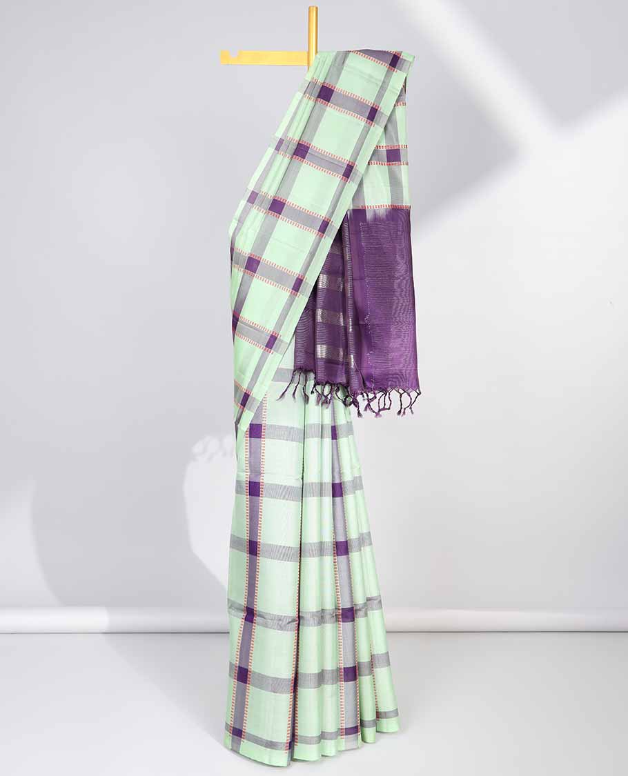 Borderless green checked soft silk saree with intricate zari design pallu