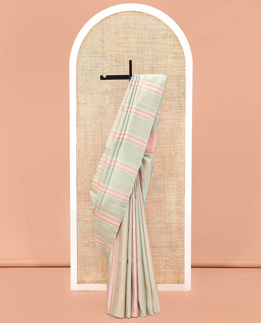 Borderless Multi-color Mayuri Soft Silk Saree, Subtly Sparkled With Stripes All Over Its Body, Complemented by Captivating Pallu, and Paired with a Contrast Blouse