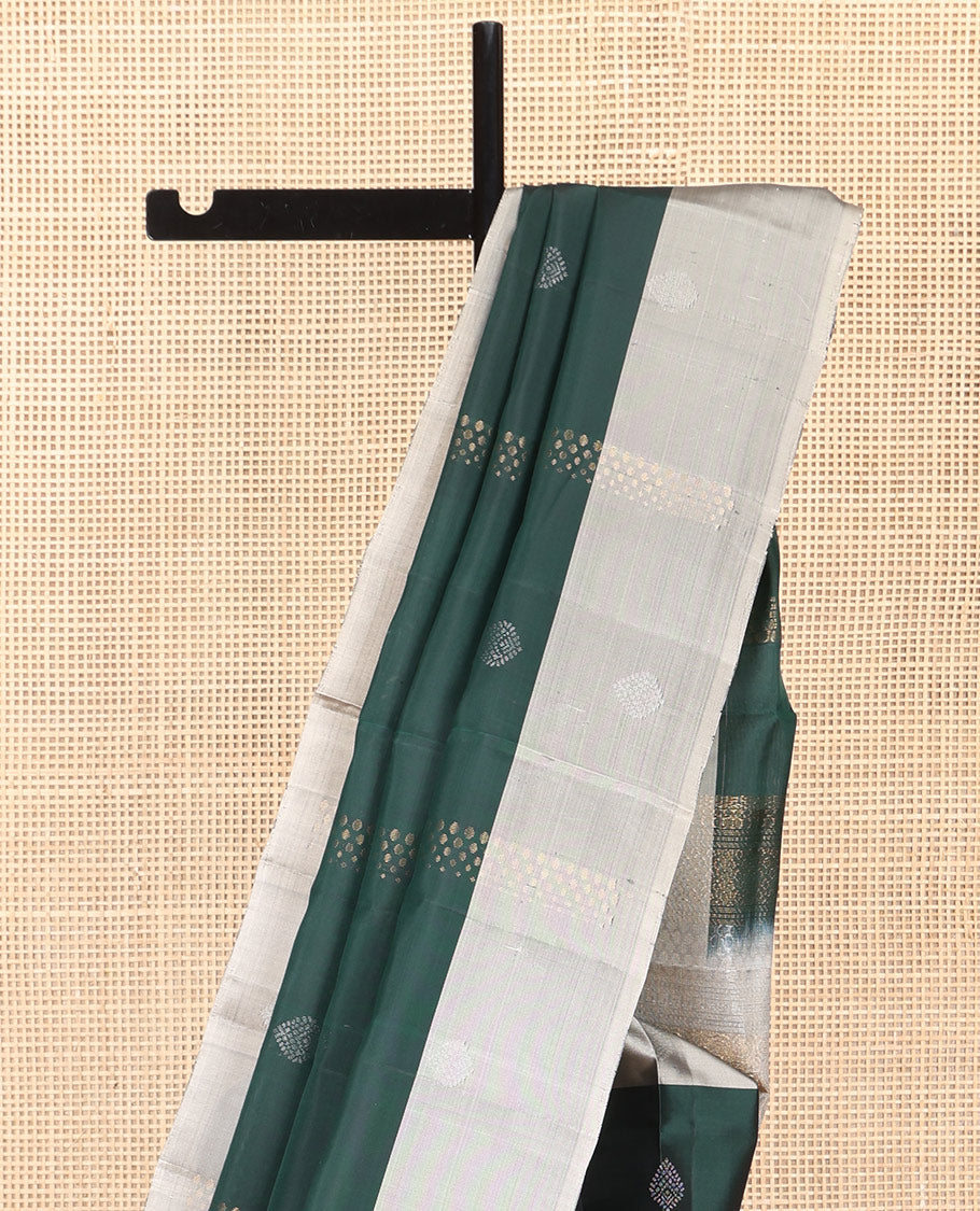 Green Mayuri Lite Silk Mix Saree, Subtly Sparkled with Zari Buttas, a Contrast Border, Sparsely Woven Pallu, and a Contrast Blouse