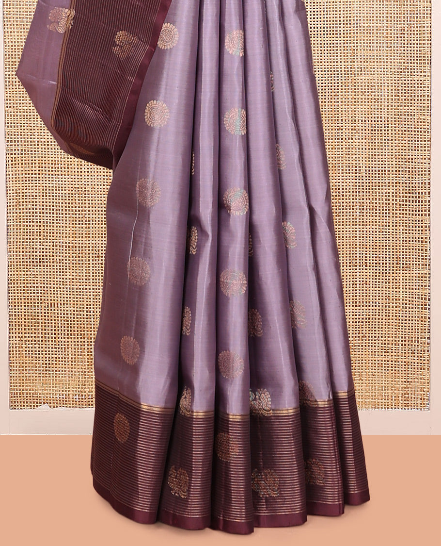 Lavender Mayuri Lite Silk Mix Saree, Accentuated with Mayil-Chakram Buttas, a Contrast Mayil Butta Striped Border, a Floral Pallu, and a Contrast Blouse