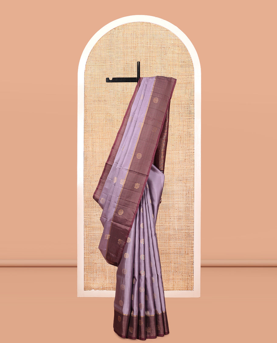Lavender Mayuri Lite Silk Mix Saree, Accentuated with Mayil-Chakram Buttas, a Contrast Mayil Butta Striped Border, a Floral Pallu, and a Contrast Blouse
