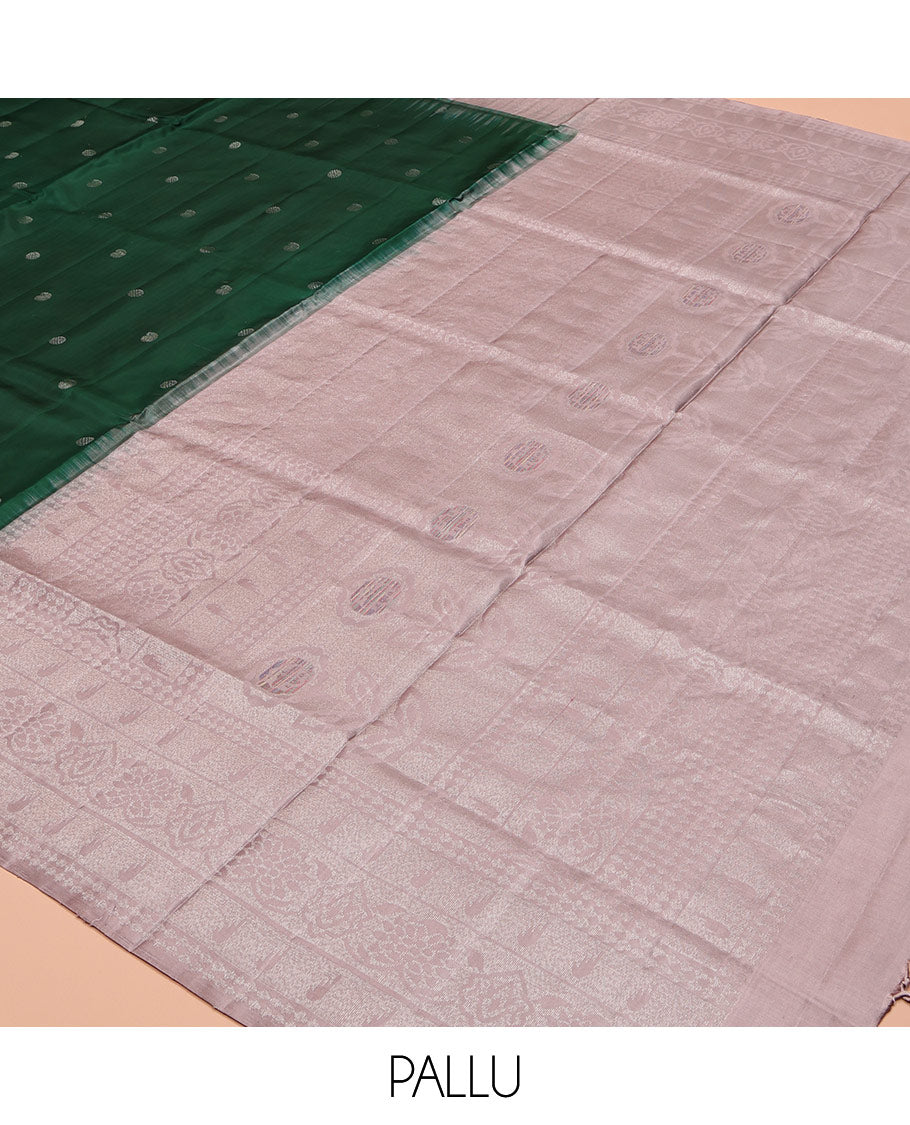 Green Mayuri Soft Silk Saree, Woven with Manga and Rudraksham Buttas, Complemented by a Contrast Border, Sparsely Woven Pallu, and a Contrast Blouse
