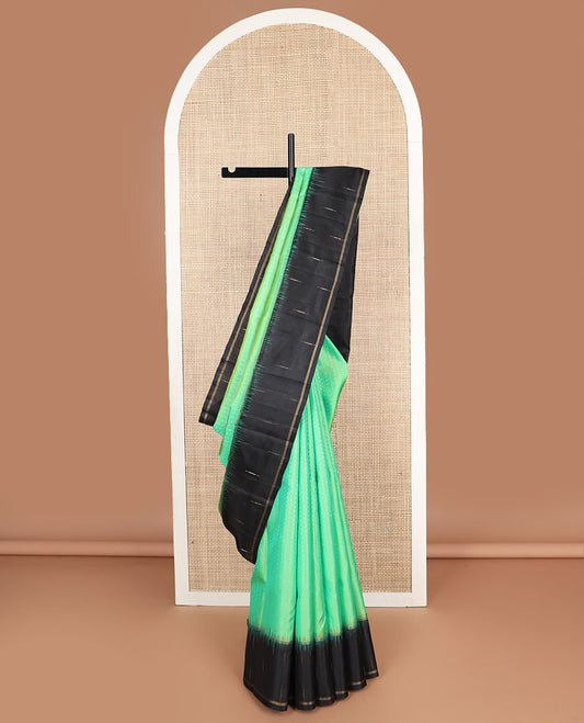light green striped mayuri soft silk saree with contrast zari design border & geometric design pallu
