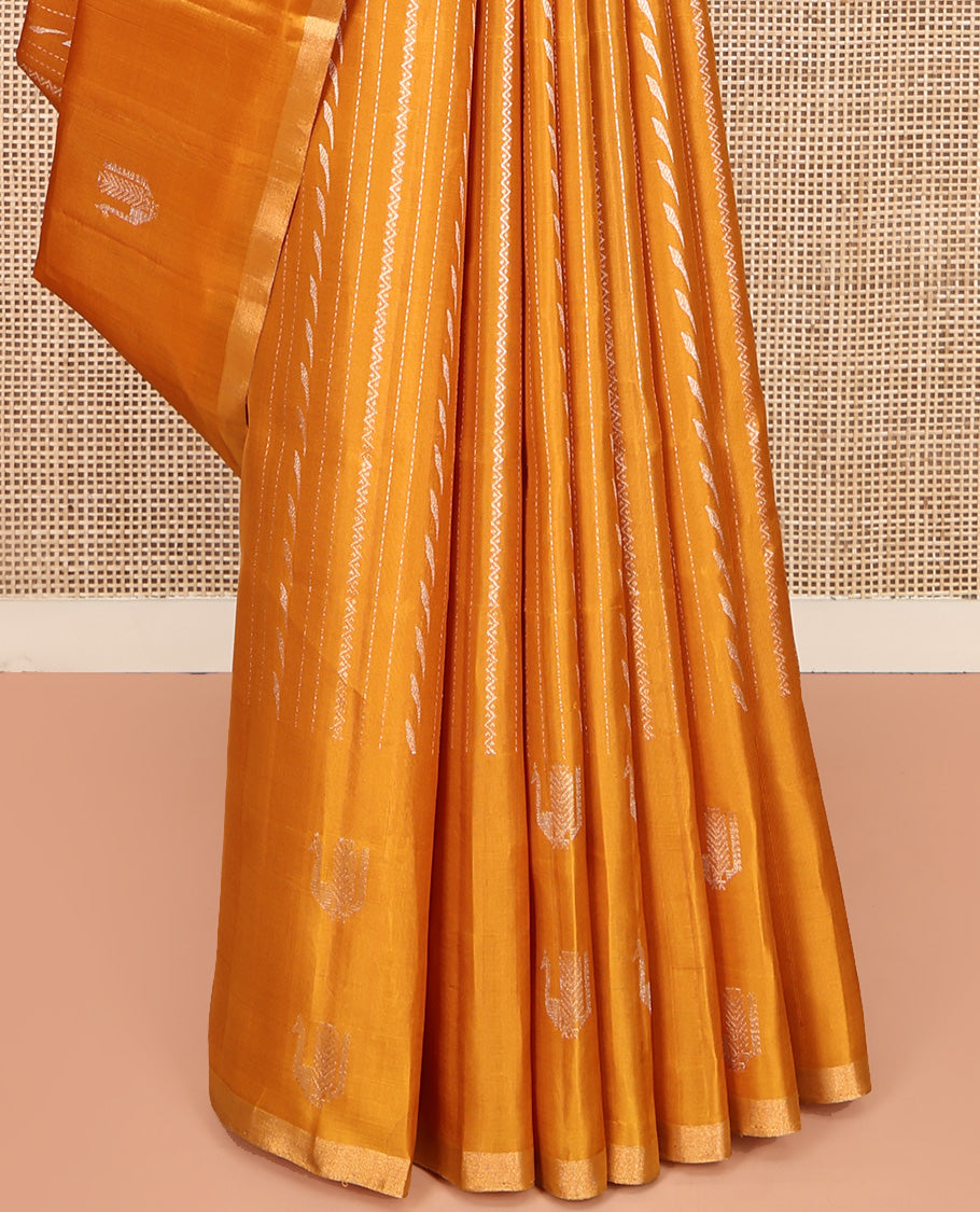 Mustard Mayuri Soft Silk Saree Elevated with Neli and Muthu Stripes On Its Body, Highlighted by Peacock Motifs Border, Jaal Pallu and Paired with a Matching Blouse