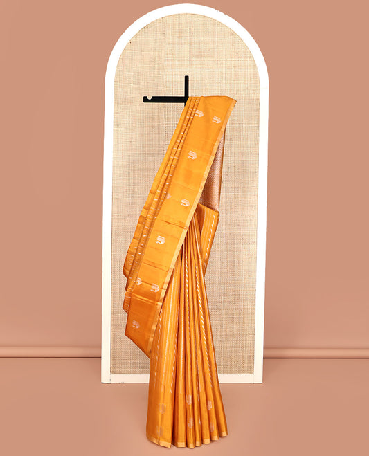Mustard Mayuri Soft Silk Saree Elevated with Neli and Muthu Stripes On Its Body, Highlighted by Peacock Motifs Border, Jaal Pallu and Paired with a Matching Blouse