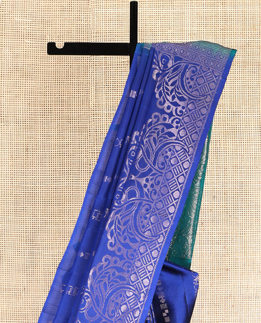 Blue Mayuri Lite Silk Mix Saree, Meticulously Crafted with Geometric Buttas, Highlighted by Peacock Motif Border, Contrast Intricate Pallu, and a Contrast Blouse