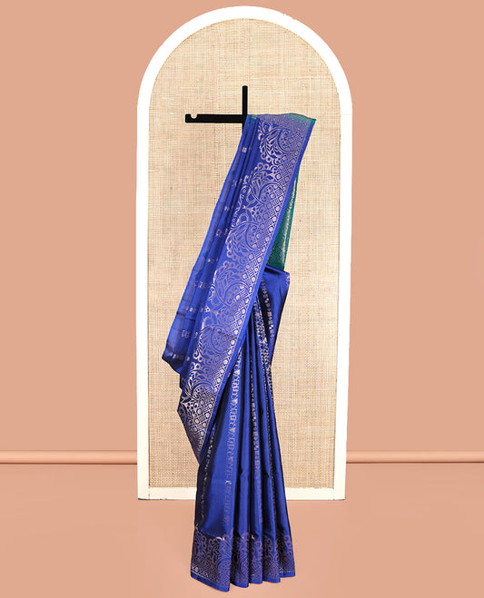 Blue Mayuri Lite Silk Mix Saree, Meticulously Crafted with Geometric Buttas, Highlighted by Peacock Motif Border, Contrast Intricate Pallu, and a Contrast Blouse
