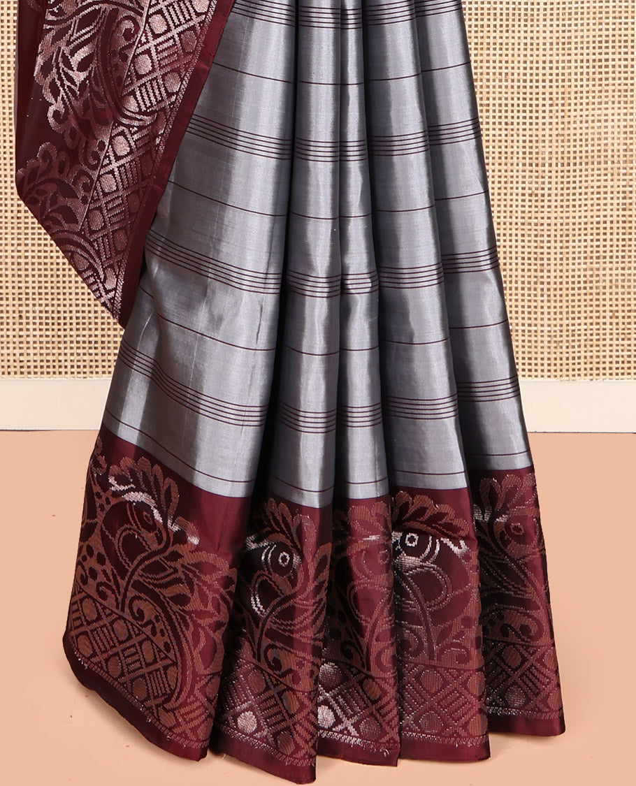 Grey Mayuri Lite Silk Mix Saree, Subtly Enriched with Stripes, Complemented by Contrast Peacock Border, Intricate Pallu and a Contrast Blouse