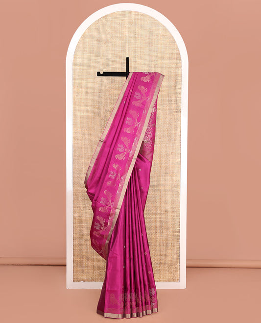 Pink Mayuri Soft Silk Saree, Adorned with Poun, Annam, and Kili Buttas on Its Body, Subtly Zari Woven Border, Pallu Steeped with Kili Designs in Zari, and Paired with a Matching Blouse