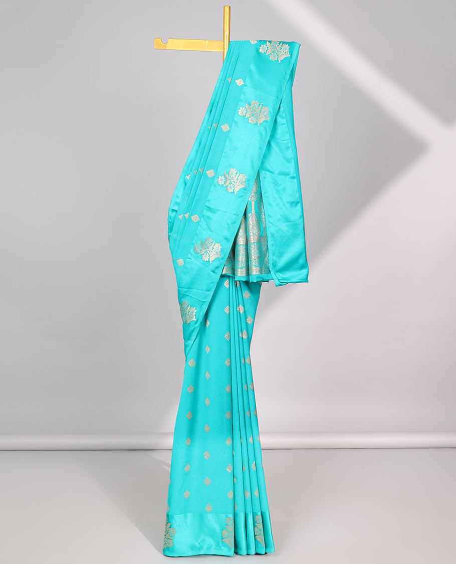 Green leaf motifs mushru silk saree with self floral design border & pallu of intricate zari design