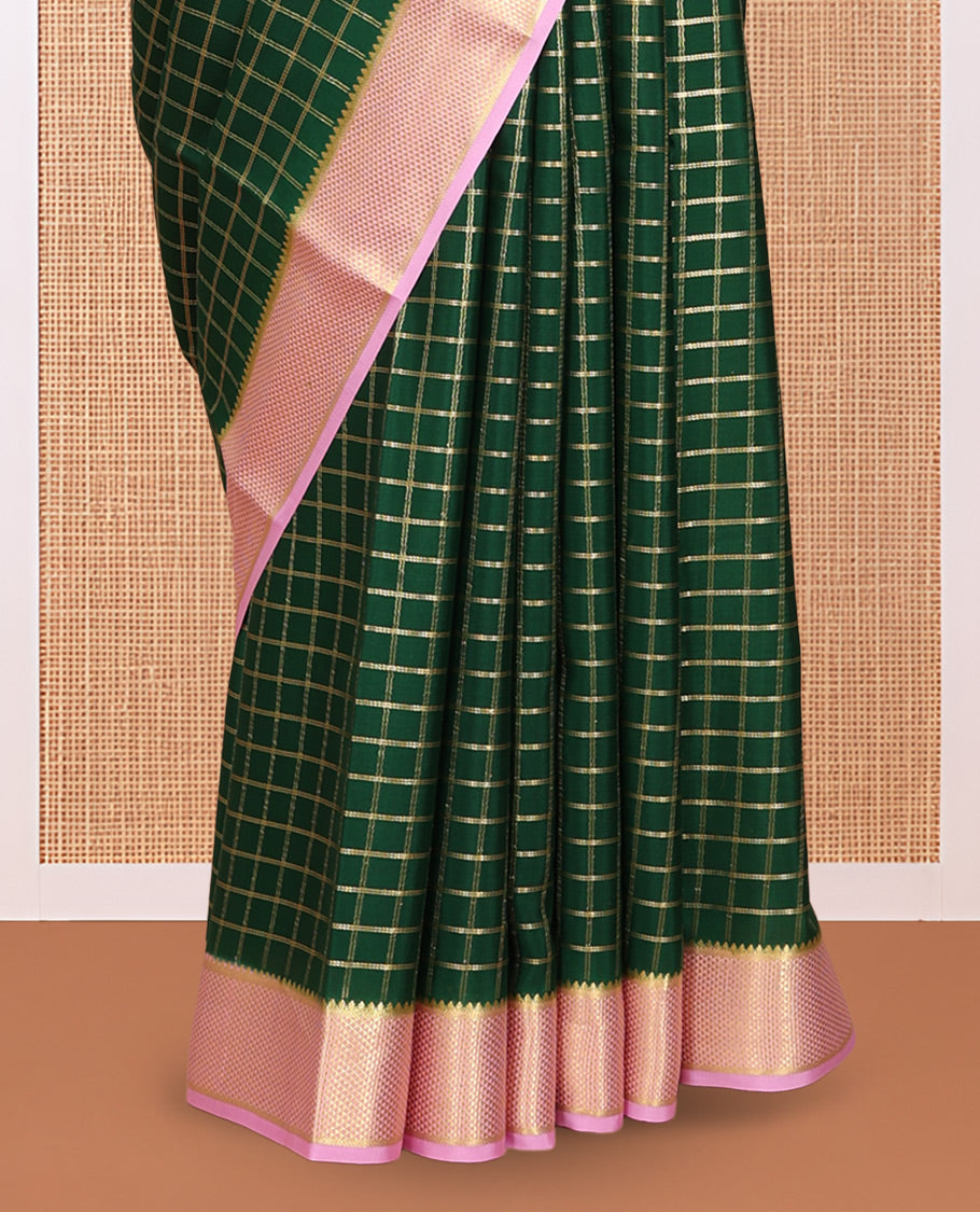 Green Mysore Silk Saree, Richly Detailed with Zari Checks, Complemented by a Contrast Traditional Zari Border, a Rich Pallu, and Contrast Blouse
