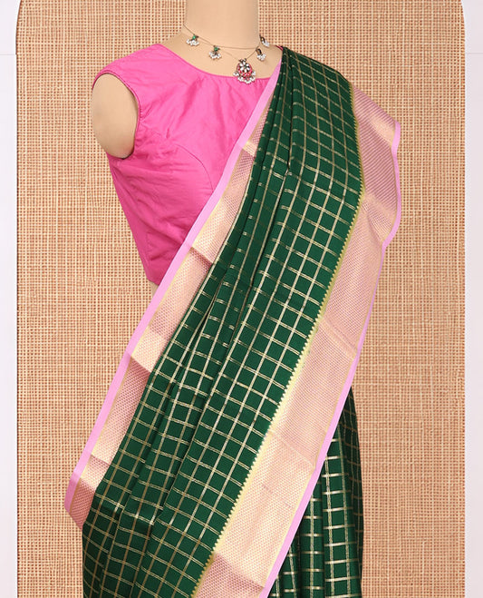 Green Mysore Silk Saree, Richly Detailed with Zari Checks, Complemented by a Contrast Traditional Zari Border, a Rich Pallu, and Contrast Blouse