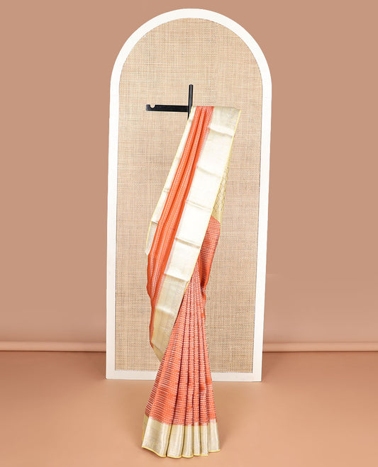 Orange striped design mysore silk saree with contrast zari border & pallu of argyle design