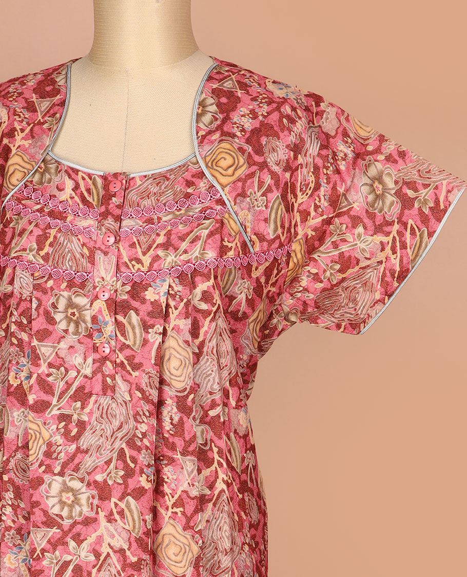 Red and pink abstract printed unique neck style lace work half-sleeve cotton nighty